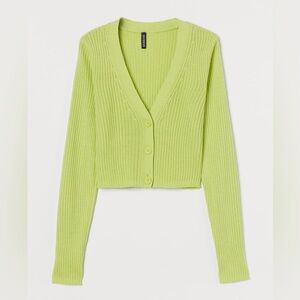 H&M Divided Ribbed Crop Button Neon Green Cardigan Sweater Size Small NWT